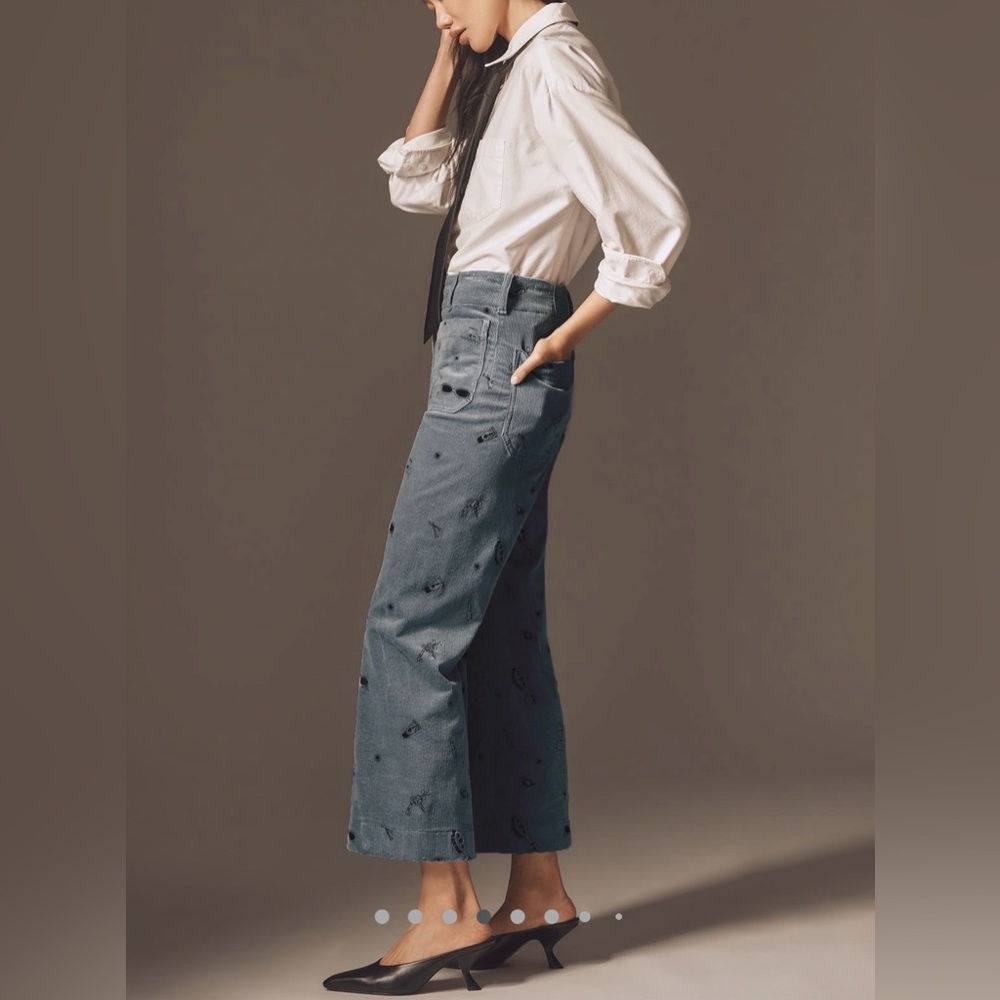 Anthropologie The Colette Crop Wide Leg Embroidered Corduroy Pants by Maeve - Picture 4 of 12